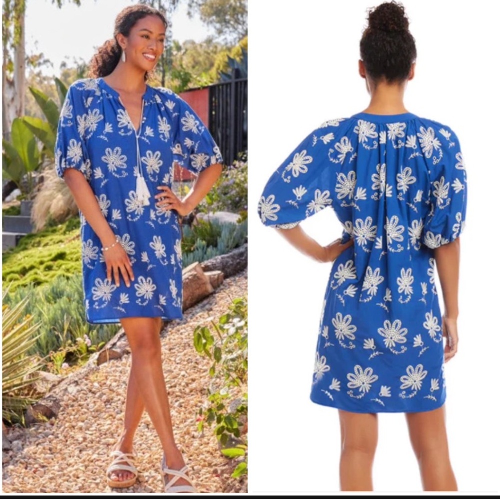Karen Kane Embroidery Tassel Bohemian chic blue dress